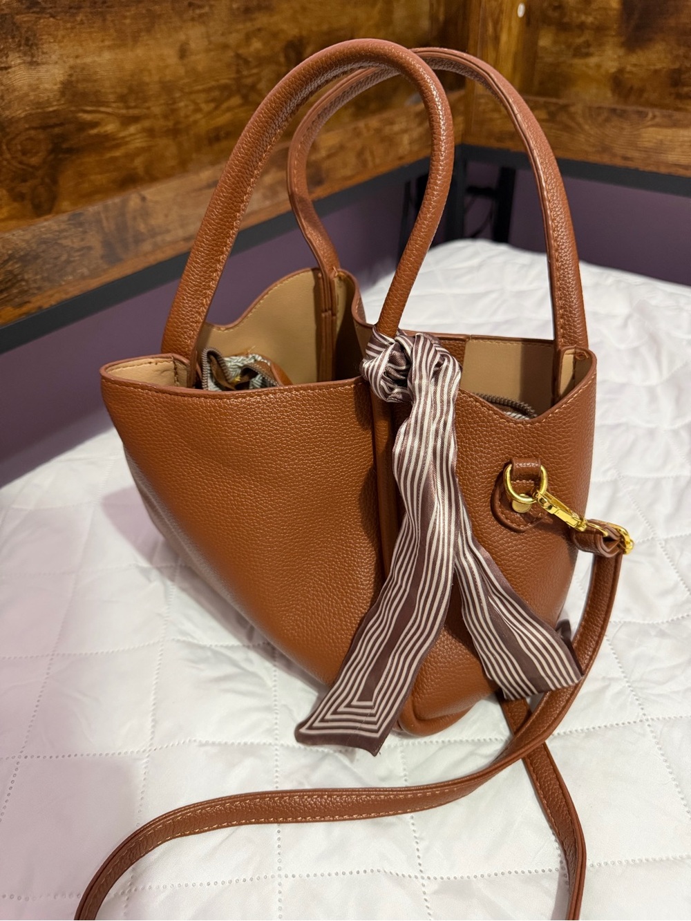 Classic Cognac Leather Tote Bag with Scarf Accent